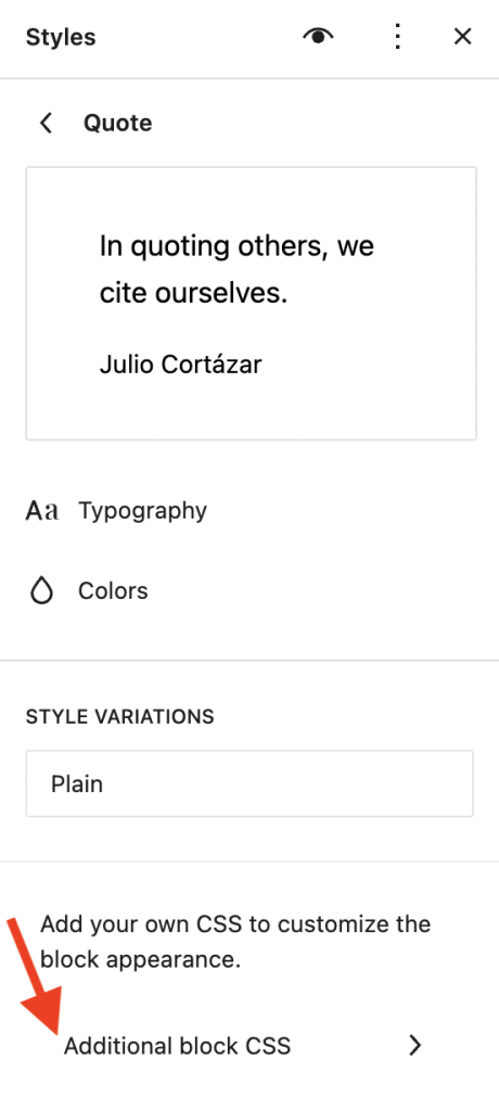 Additional block CSS option visible from within the Styles interface for an individual block with a red arrow pointing to it to highlight the location.