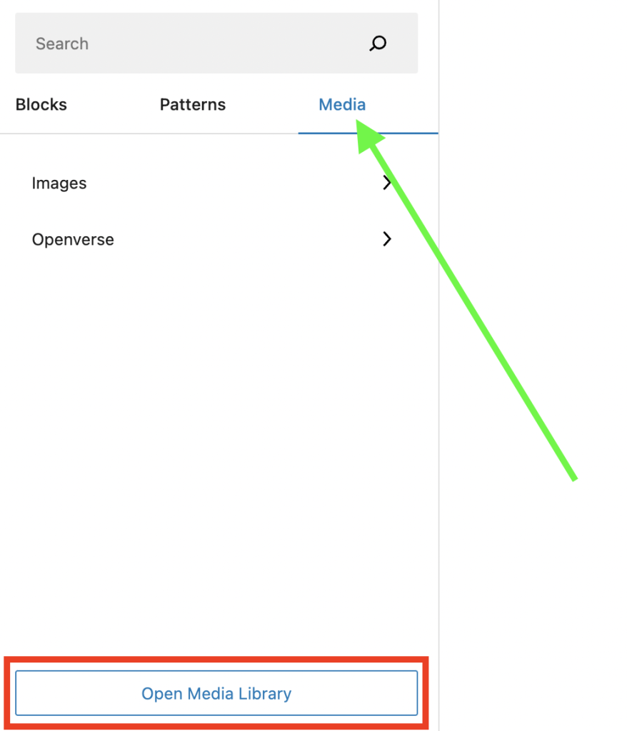 Opening the media tab to add media content to the site