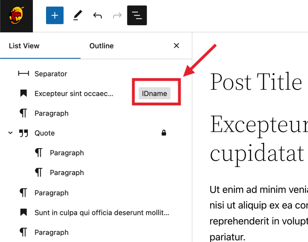 The ID or anchor set for a block on the list view