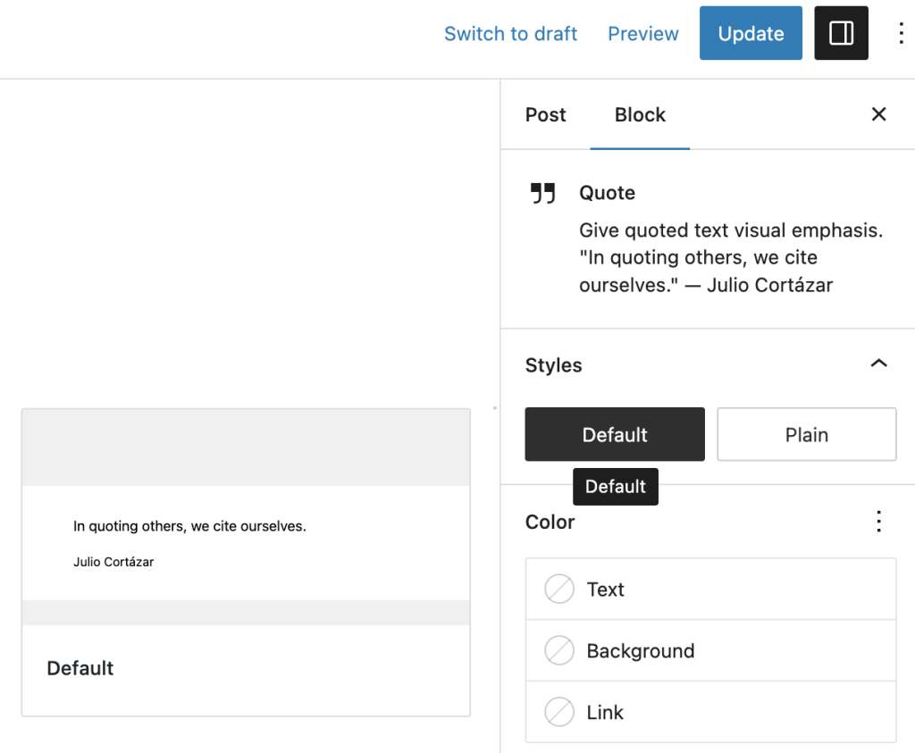Styles option for the Quote block