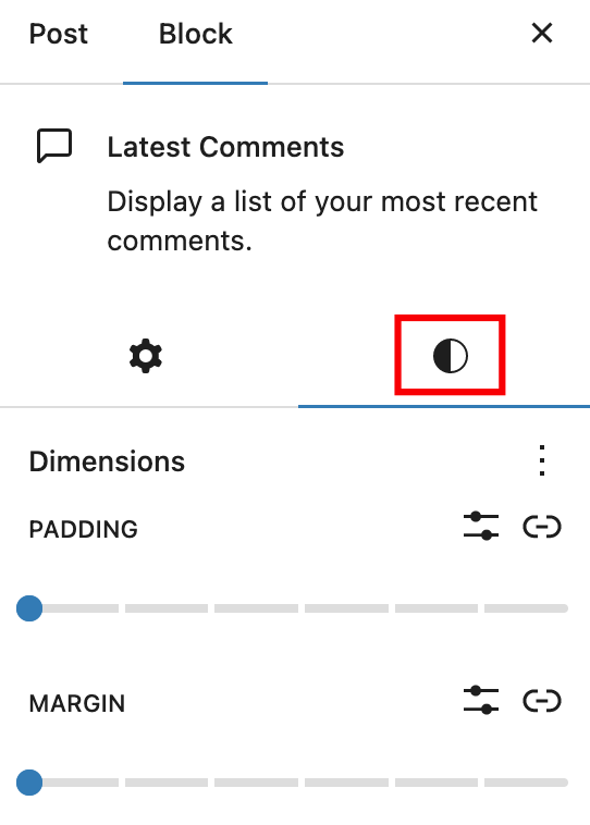 The styles tab on the Latest Comments block settings panel