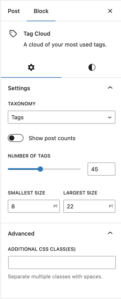 The block settings sidebar with the settings tab opened.
