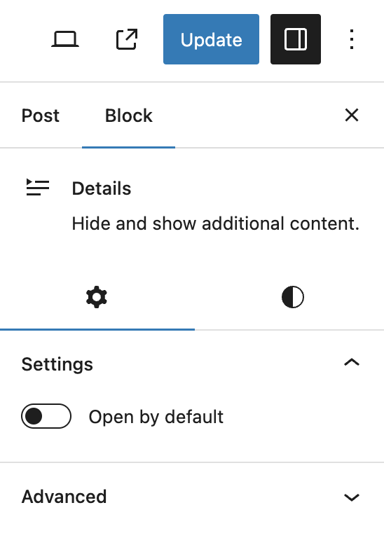 The Details block settings sidebar.