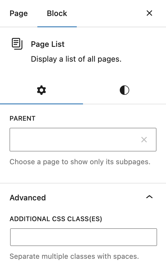 Page list block settings panel
