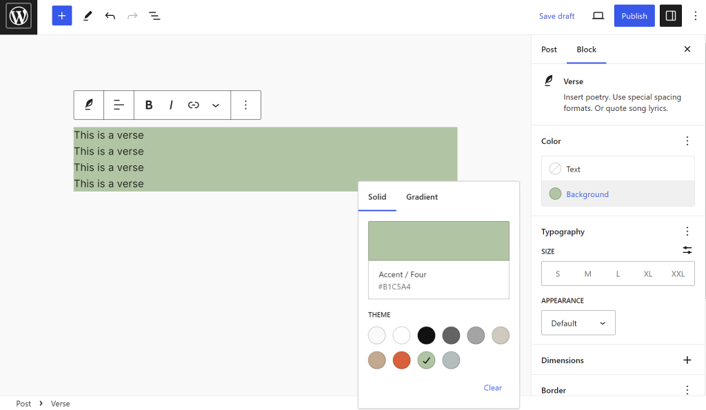 Grouping a Verse block and setting a background color