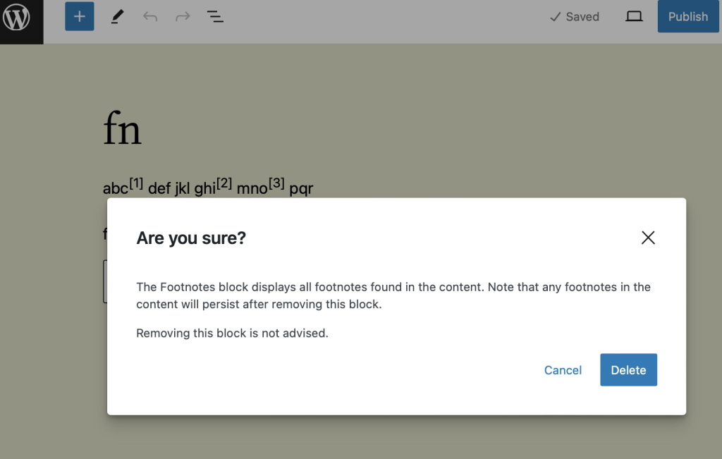 The prompt when attempting to remove a footnotes block