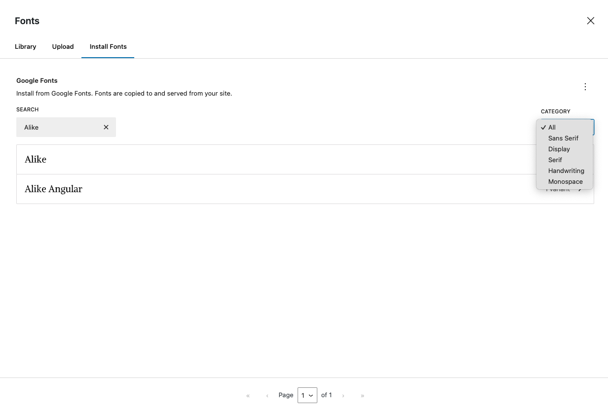 Screenshot of the Google Fonts installation interface in WordPress, highlighting the font category filter dropdown menu. The search term 'Alike' is entered in the search bar, displaying results for 'Alike' and 'Alike Angular,' each with 1 variant. The category dropdown is expanded on the right, showing options including All, Sans Serif, Display, Serif (selected), Handwriting, and Monospace.