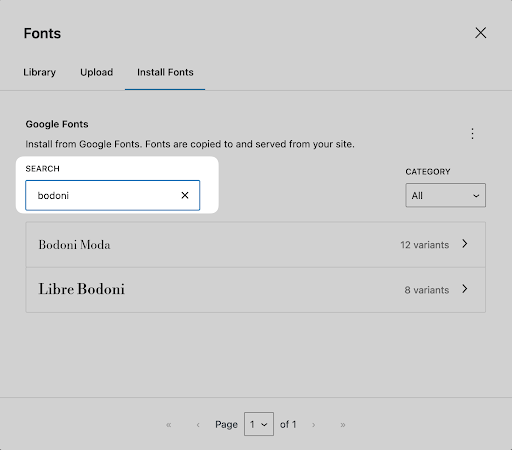 Screenshot of the Google Fonts installation interface in WordPress, highlighting the search functionality. The search term 'Bodoni' is entered in the search bar on the left. Two results are displayed: 'Bodoni Moda' with 12 variants and 'Libre Bodoni' with 8 variants. A category dropdown is on the right, currently set to All.
