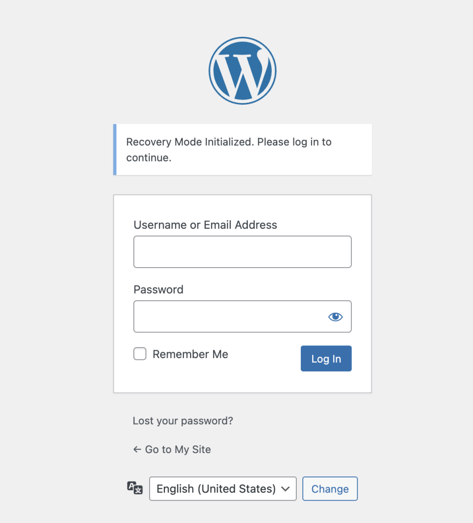Admin login for a WordPress site, showing a notice above that says "Recovery Mode Initialized. Please log in to continue."