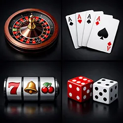 Casino game elements including roulette wheel, playing cards, slot machine reels, and dice
