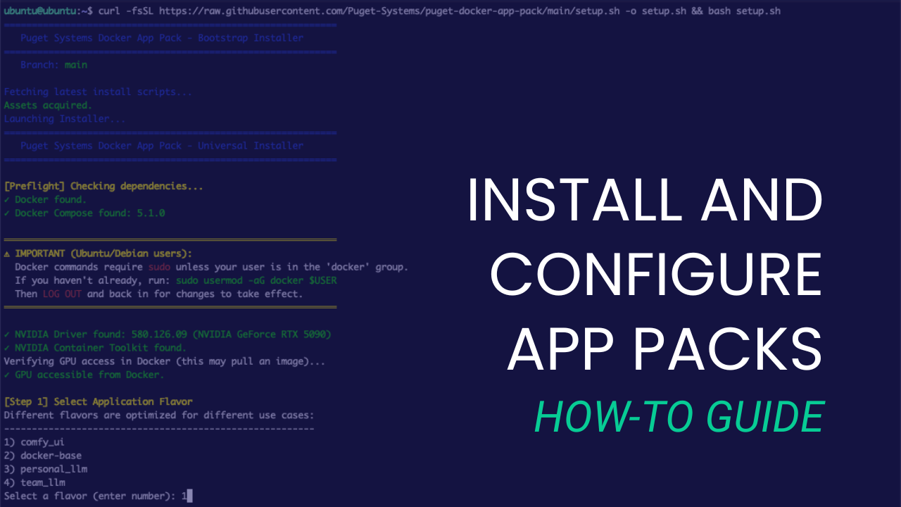 Featured Image for How to Install and Configure Puget Systems App Packs Article with Text Overlaid on a Blue-tinted Screenshot of a Ubuntu's Command Line Interface