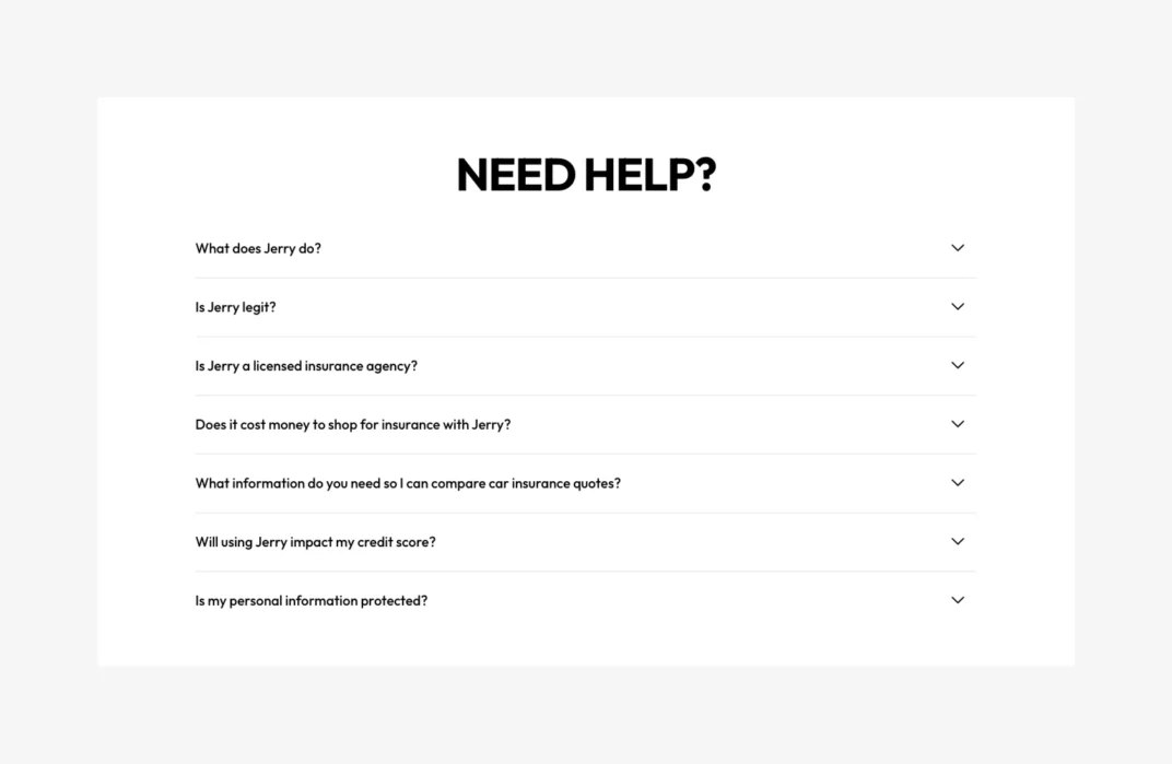 An accordion-style FAQ section where clicking a question smoothly reveals the answer.
