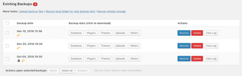 Updraft Existing Backups