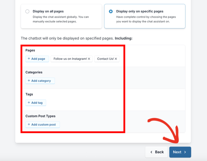 pick where you want to display whatsapp chat - WPChat select the pages categories tags or custom post types