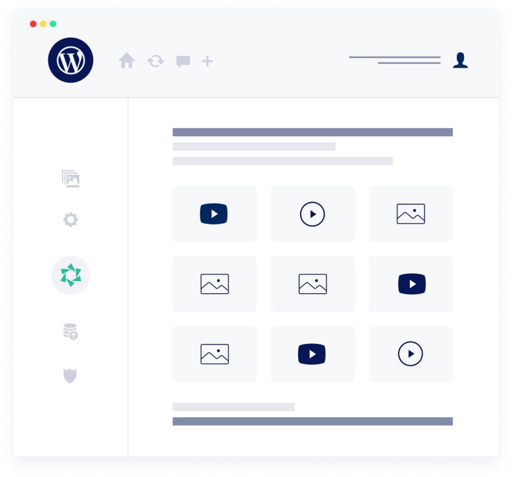 wp-modula-illustration@2x-1 Illustration of a website dashboard with a WordPress icon, showing various multimedia tiles including play and image icons, indicating video and image content. The left sidebar displays icons for different tools and settings.