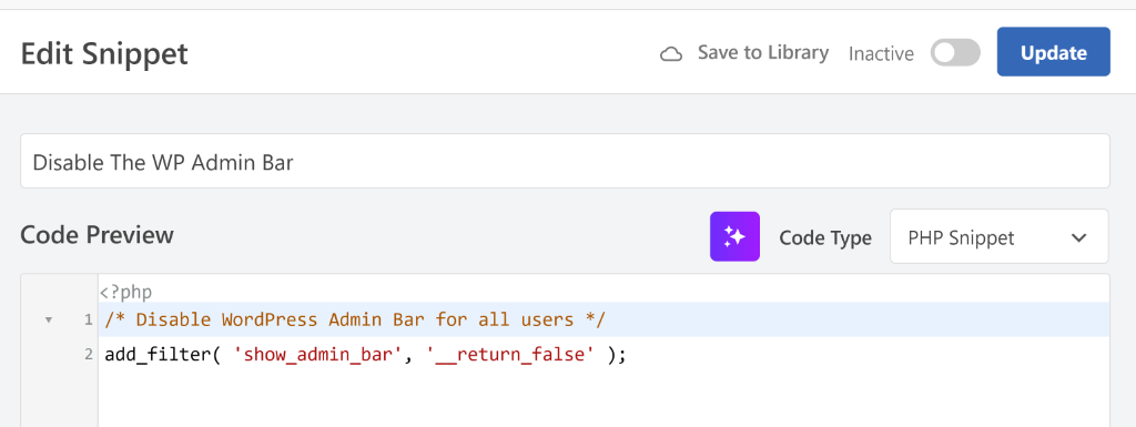 View disable snippet in code editor