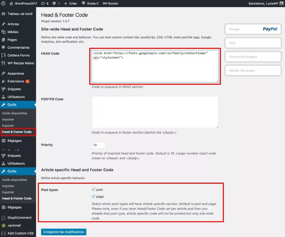 head and footer setting Head and Footer - plugin setting