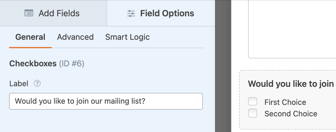 campaign-monitor-checkboxes-example - WPForms Adición de un campo Casillas de verificación para utilizar con lógica condicional para una conexión de Campaign Monitor