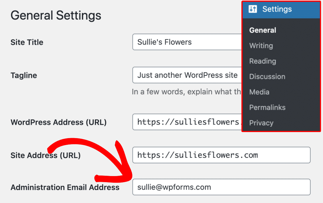 Admin Email Address in WordPress settings - WPForms Admin-E-Mail-Einstellungen