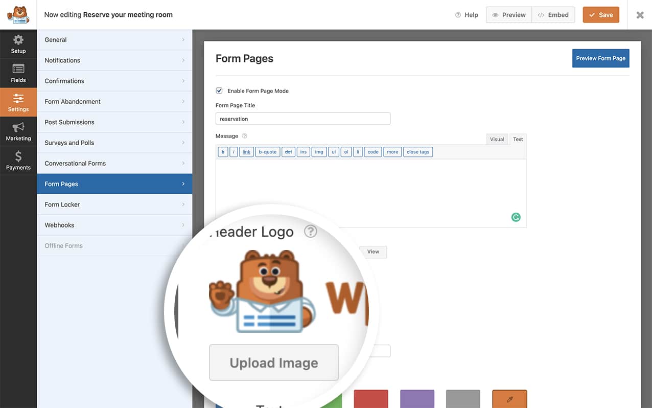 wpforms-form-pages-upload-logo - WPForms while on the form pages tab, click to upload your logo image
