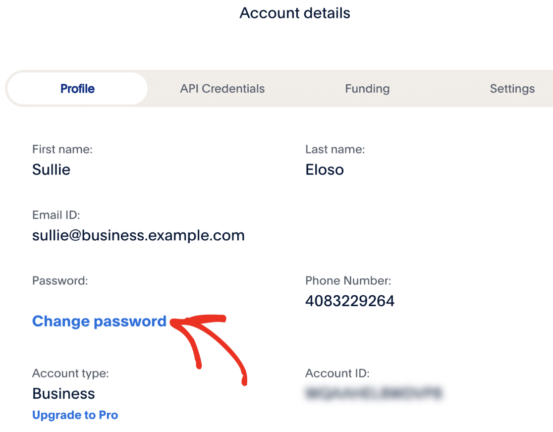 Change Sandbox Account Password Clique para alterar a palavra-passe