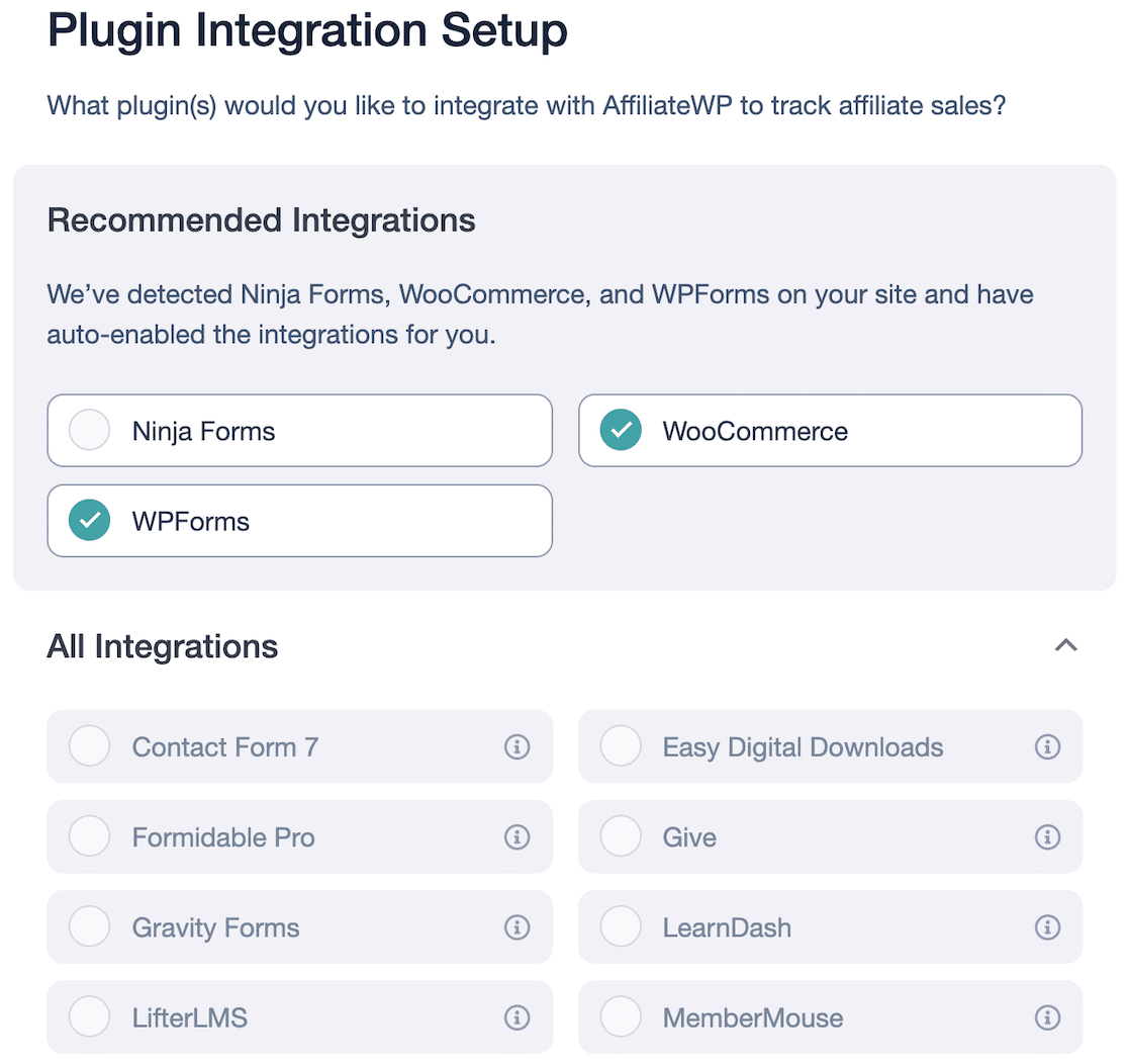 AffiliateWP Integrations Setup - WPForms Integração de 1 clique com as suas ferramentas favoritas no AffiliateWP