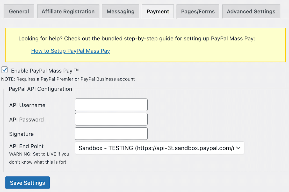 Enable PayPal Mass Pay - WPForms Ativar o pagamento em massa do PayPal