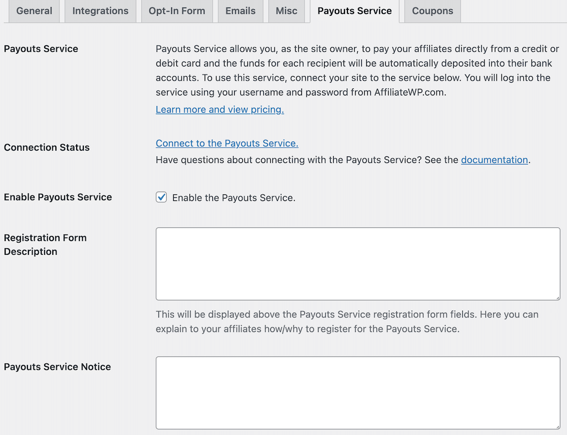 Payouts Service - WPForms Ligar a sua conta AffiliateWP ao Serviço de Pagamentos