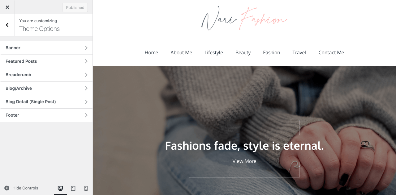 Nari theme customizer