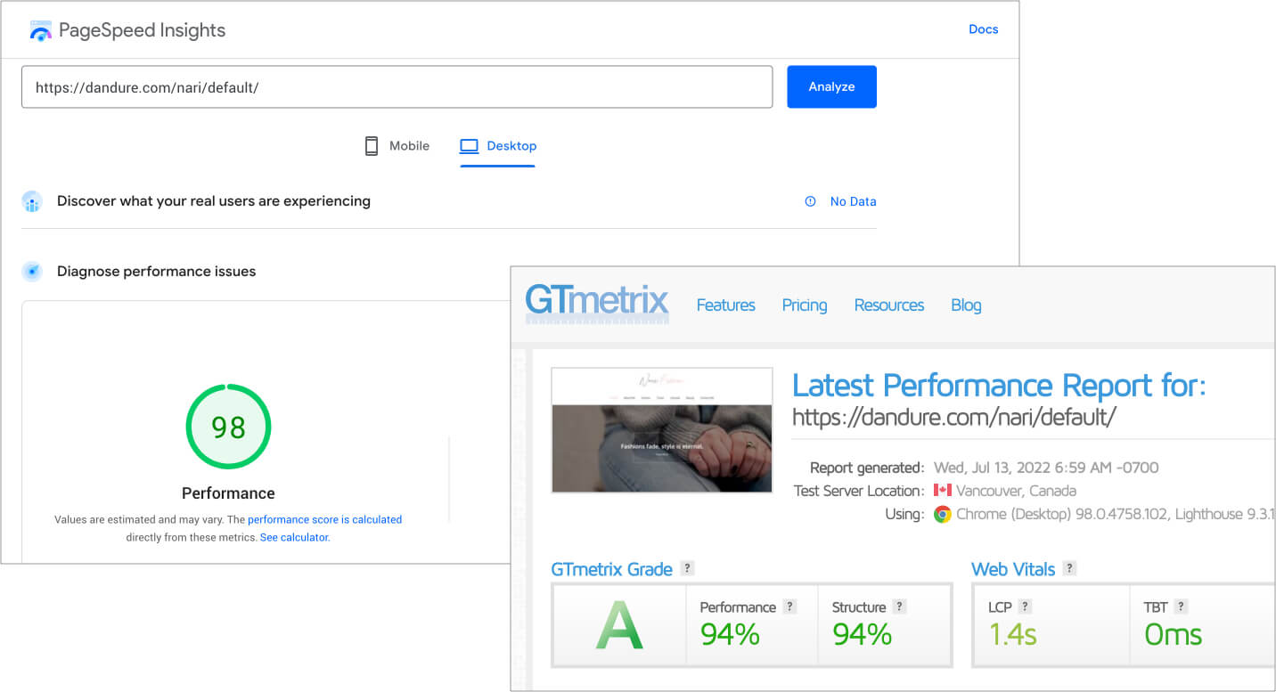 Nari page speed score
