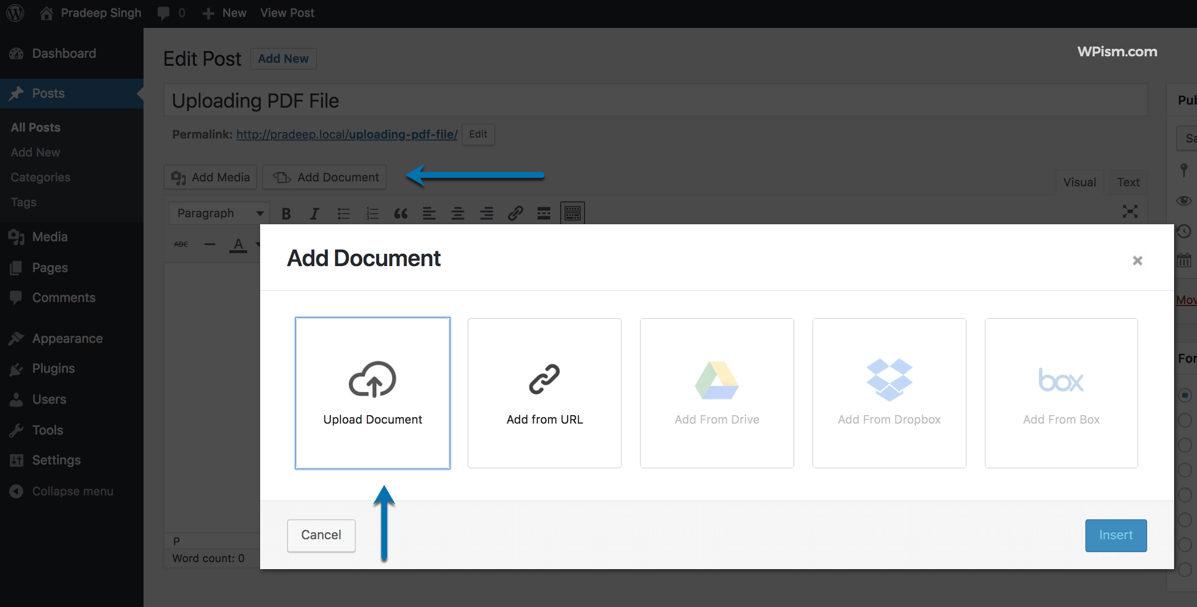 How to Upload and Embed PDF files in WordPress – 2026 Guide 18 Add Document Button for uploading PDF Files