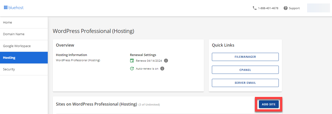 How to Install WordPress on Bluehost - Complete Guide 2026 3 Add Site in the control panel Bluehost Dashboard