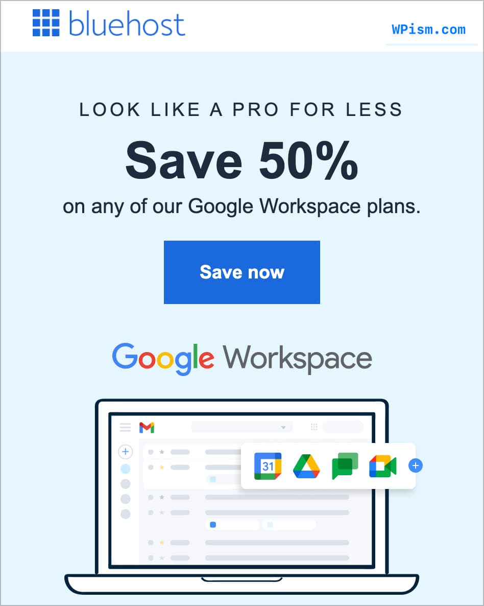 Bluehost Coupon Code 2026 Deal: 85% OFF + Free Domain Name 10 Bluehost Coupon for Google Workspace Business Plans