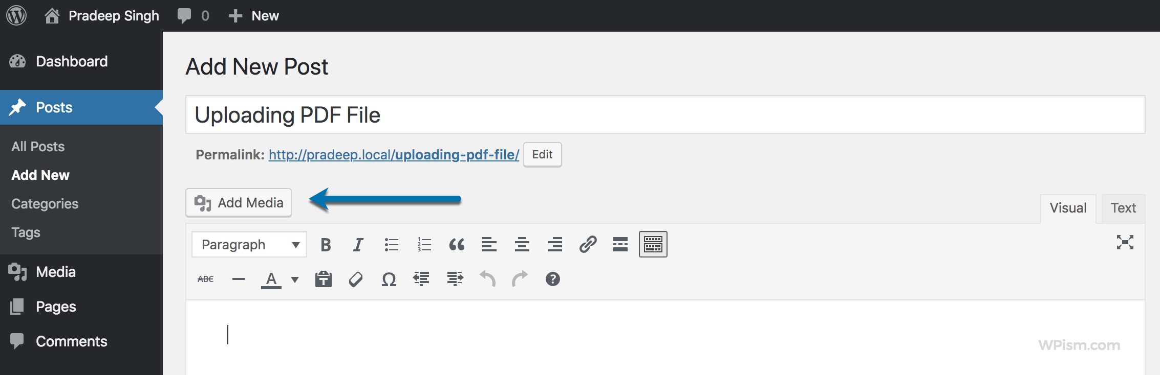 How to Upload and Embed PDF files in WordPress – 2026 Guide 3 Click Add Media to Upload PDF File