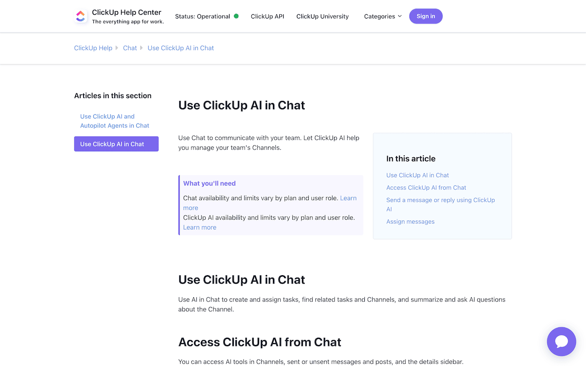 The ClickUp Documentation page for using AI in Chat.