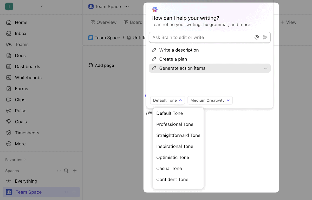 ClickUp Brain's AI writing tools.