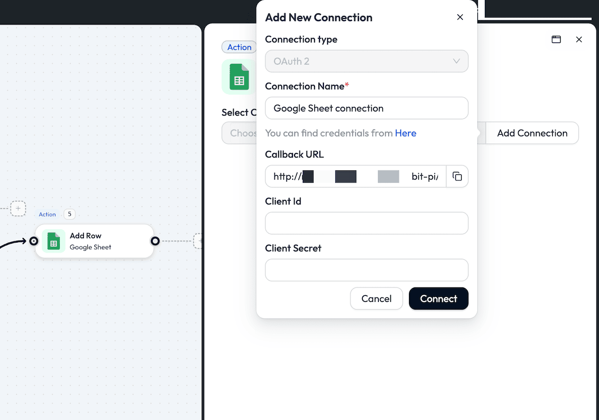 Adding a connection to the Google Sheet tool.