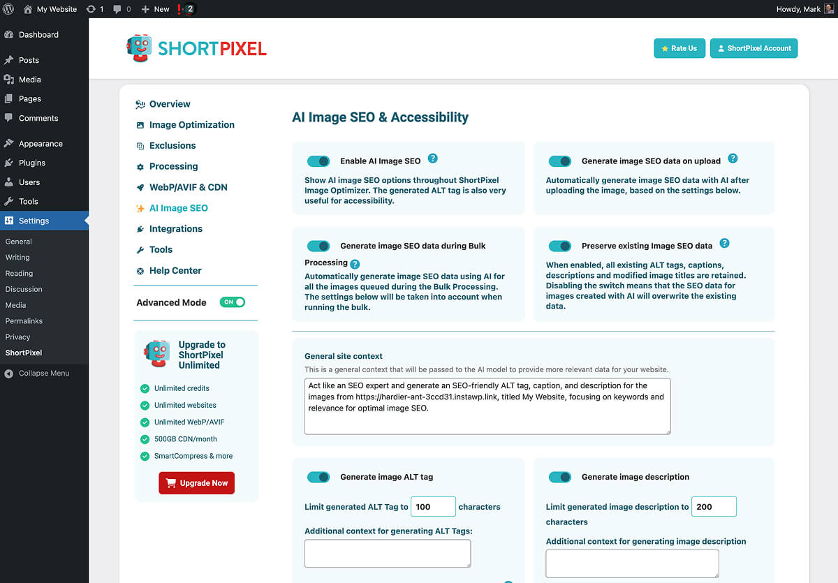 ShortPixel's AI features for SEO and accessibility.