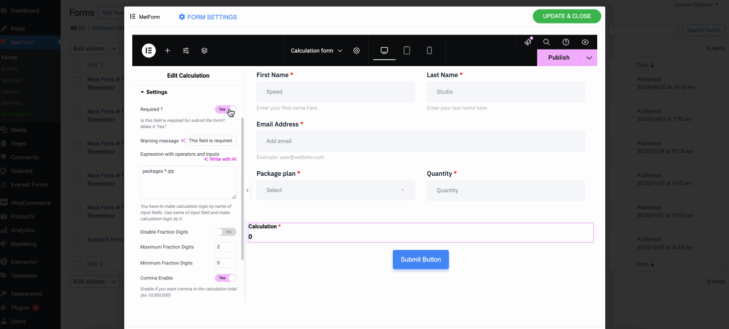 Calculation form with MetForm