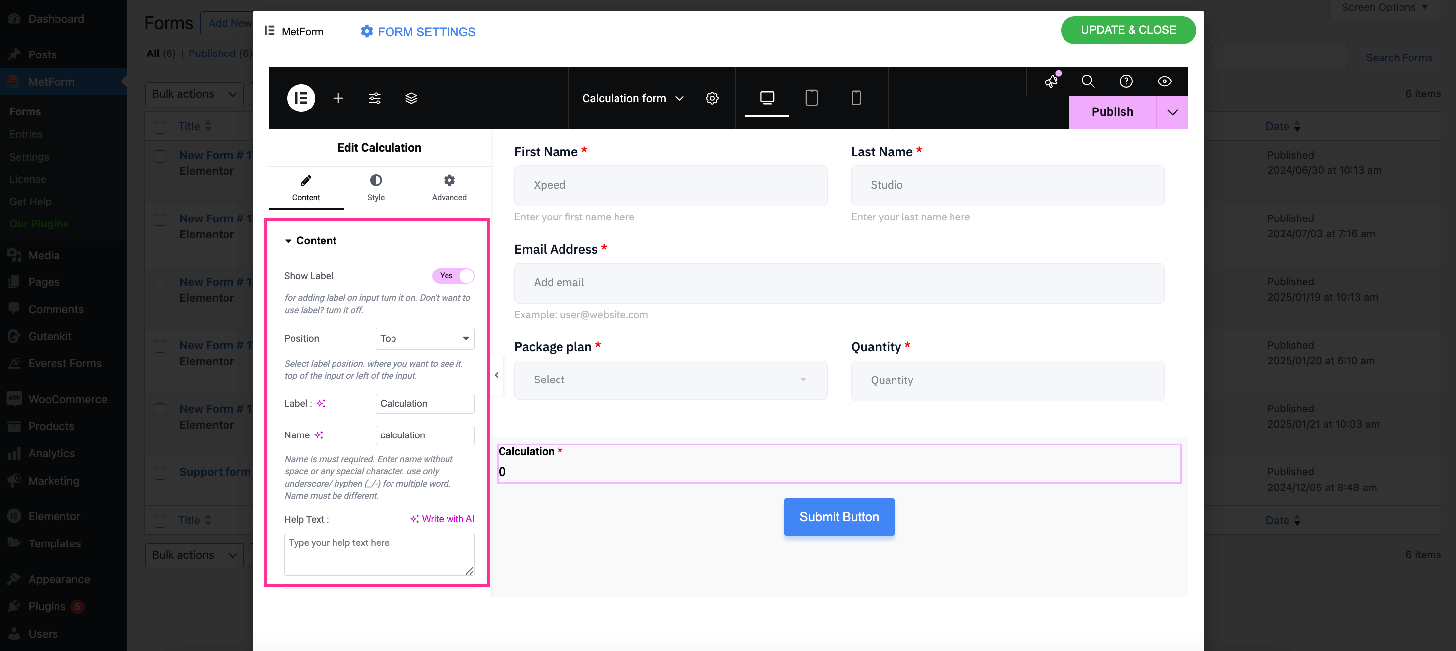 How to set calculation form using MetForm