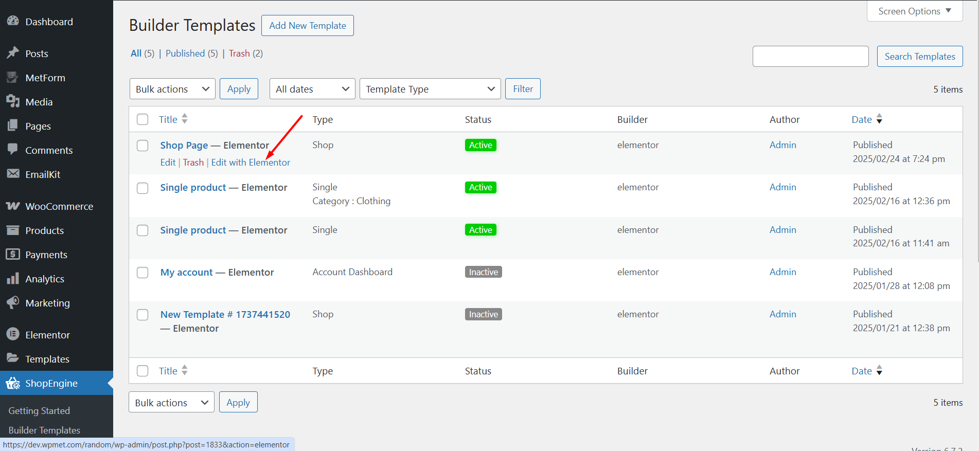 Click Edit with Elementor for shop page template