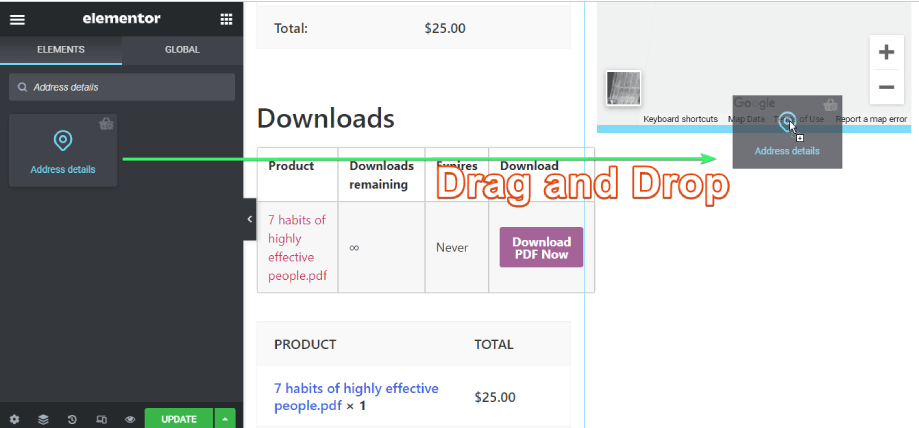 przeciągnij i upuść widżet szczegółów adresowych shopengine na elementor