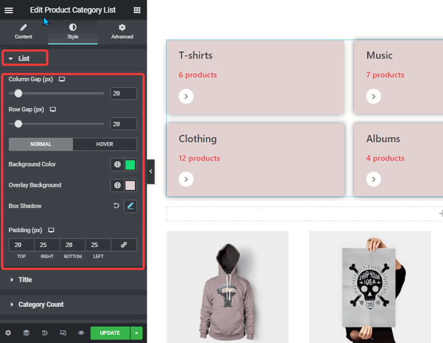 Elenco delle impostazioni dell'elenco delle categorie di prodotti