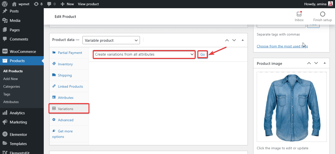 Creazione di varianti per il prodotto