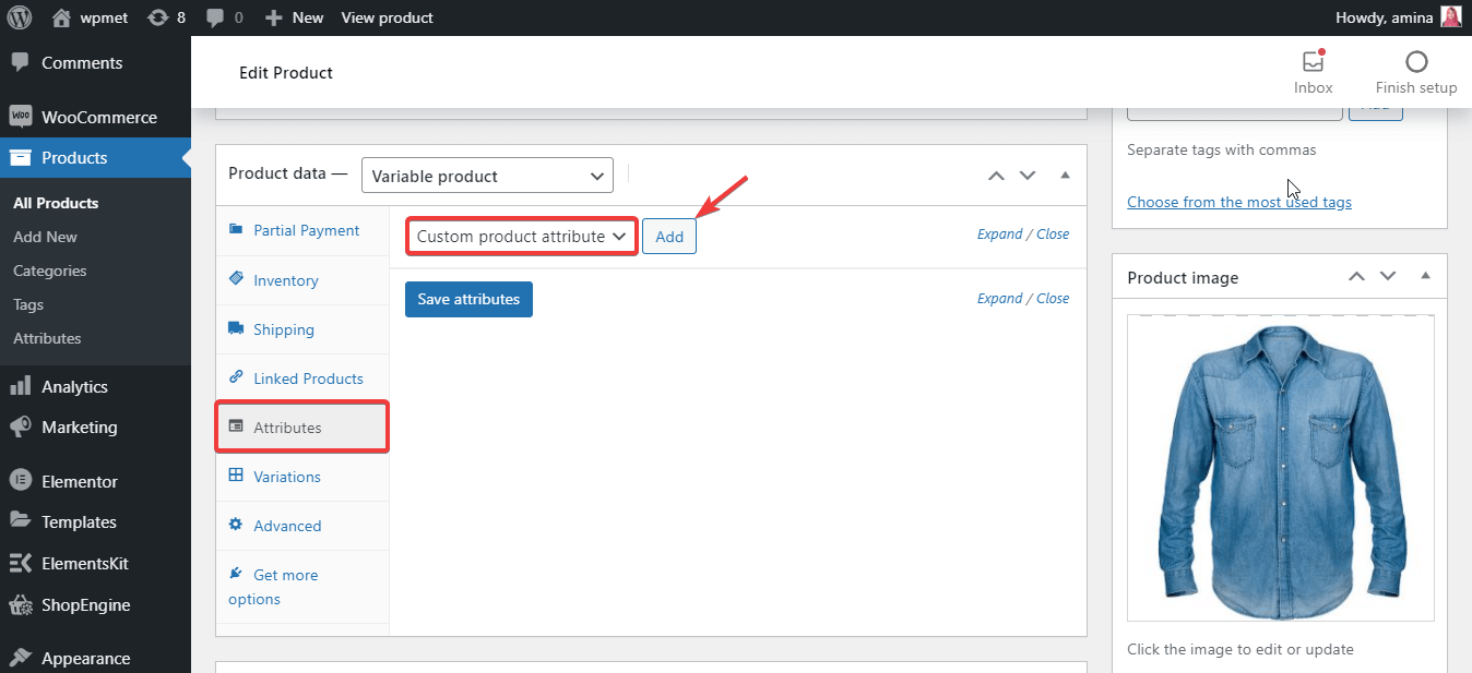 Aggiungi attributo personalizzato per i campioni di variazione