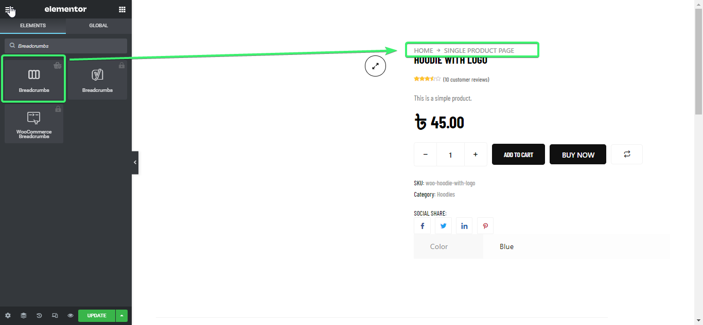 drag and drop the breadcrumbs widget of ShopEngine