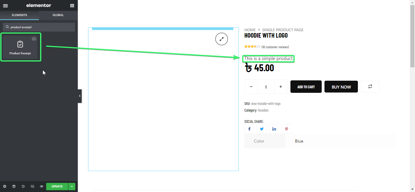 trascina e rilascia il widget dell'estratto prodotto di ShopEngine
