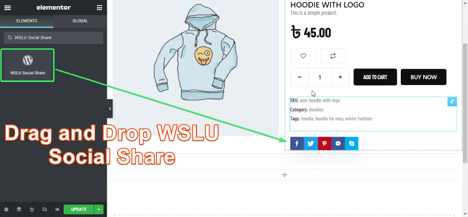 faites glisser et déposez le partage social WSLU sur une seule page Elementor