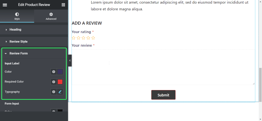 Customize the review form style of Product rating widget of ShopEngine