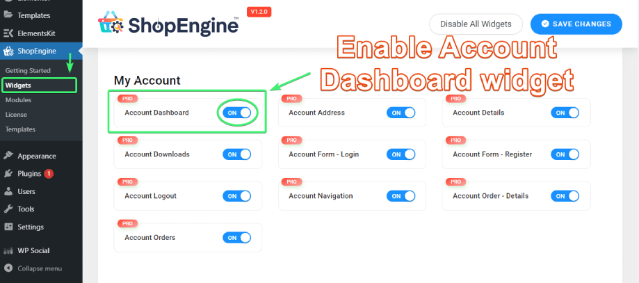 Enable Account Dashboard widget from the list of My Account widgets